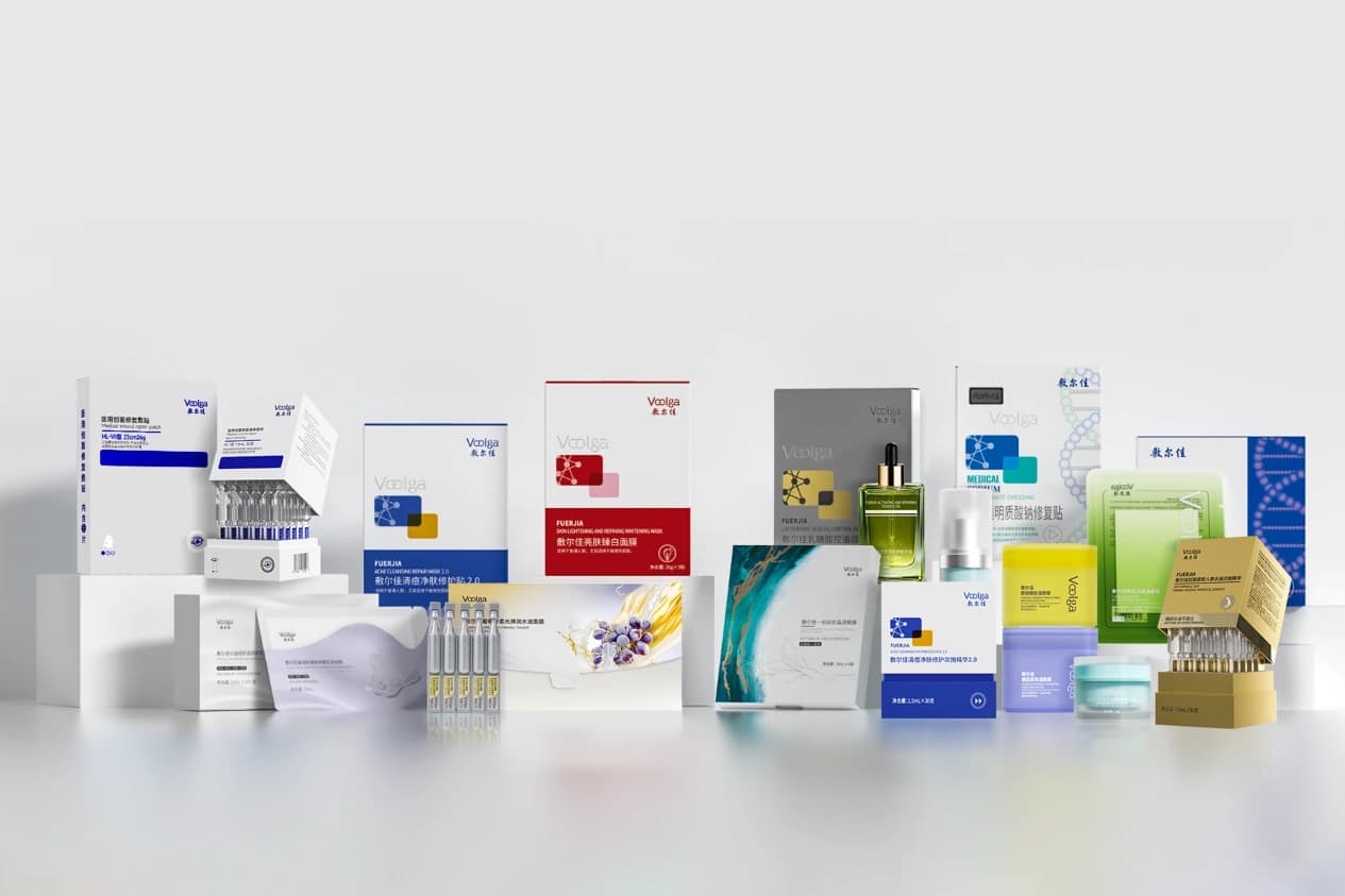 Fuerjia skincare products and medical dressings on a white display
