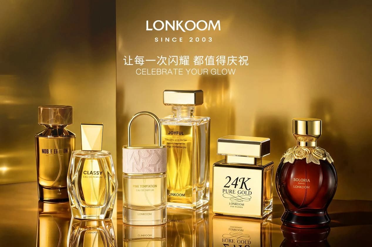 LONKOOM perfume bottles on a gold display